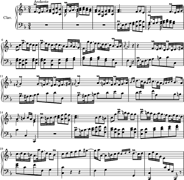 
\version "2.18.2"
\header {
  tagline = ##f
  % composer = "Domenico Scarlatti"
  % opus = "K. 256"
  % meter = "Andante"
}

%% les petites notes
trillFqqpDown    = { \tag #'print { f,16.\prall } \tag #'midi { f32 g f } }
trillAqqpUp      = { \tag #'print { a'16.\prall } \tag #'midi { a32 bes a } }
trillAqqp        = { \tag #'print { a16.\prall } \tag #'midi { a32 bes a } }
trillFqqpUp      = { \tag #'print { f'16.\prall } \tag #'midi { f32 g f } }
trillFqqp        = { \tag #'print { f16.\prall } \tag #'midi { f32 g f } }
trillEqqp        = { \tag #'print { e16.\prall } \tag #'midi { e32 f e } }
trillG           = { \tag #'print { g4\prall } \tag #'midi { a32 g a g~ g8 } }
trillGqqp        = { \tag #'print { g16.\prall } \tag #'midi { g32 a g } }
trillGqqpUp      = { \tag #'print { g'16.\prall } \tag #'midi { g32 a g } }
trillFqp         = { \tag #'print { f8.\prall } \tag #'midi { g32 f g f~ f16 } }
trillBqp         = { \tag #'print { bes8.\prall } \tag #'midi { c32 bes c bes~ bes16 } }
trillA           = { \tag #'print { a4\prall } \tag #'midi { bes32 a bes a~ a8 } }
trillCqqpUp      = { \tag #'print { c'16.\prall } \tag #'midi { c32 d c } }
trillCqqpUpUp    = { \tag #'print { c''16.\prall } \tag #'midi { c32 d c } }
trillCqp         = { \tag #'print { c8.\prall } \tag #'midi { d32 c d c~ c16 } }
trillBq          = { \tag #'print { b8\prall } \tag #'midi { c32 b c b } }
trillDqp         = { \tag #'print { d8.\prall } \tag #'midi { e32 d e d~ d16 } }

upper = \relative c'' {
  \clef treble 
  \key f \major
  \time 3/4
  \tempo 4 = 82

      s8*0^\markup{Andante}
      \trillFqqpDown e32 f16. g32 < f a >8 < d bes' > < e c' > < c bes' > |
      << { \trillAqqpUp g32 a16. bes32 } \\ { f8 s16. g32 } >> < a c >8 < bes d > < a c > < g bes > |
      < f a >8 < c g' > < a f' > < c g' > < f a > < c g' > | < f a >4. f8 g e |
      % ms. 5
      f2 \trillFqp \omit TupletNumber  \times 2/3 { e32 f g } | a8 c \trillFqp e32 d c8 c  |
      \trillFqp e32 d c16. d32 c16. bes32  a16. bes32 a16. g32  | f16. g'32 f16. e32  e16. d32 d16. c32 \trillBqp a32 bes |
      % ms. 9
      \appoggiatura bes8 a2 r4 | r4 \trillFqqp e32 f16. d32 \trillEqqp d32 e16. fis32 |
      \appoggiatura fis8 \trillG  \trillGqqp f32 g16. e32  \trillFqqp e32 f16. gis32 |
      \appoggiatura gis8 \trillA  \trillAqqp g32 a16. f32  \trillGqqp f32 g16. a32 |
      % ms. 13
      \grace { bes16 c } d8. c32 bes \grace { a16 bes } c8. bes32 a \grace { \tempo 4 = 62 g32 a bes c }   \tempo 4 = 82 bes8. a16 |
      << { a8 b4 c16 a g4 } \\ { f2 e4 } >>  
      \trillCqqpUp b32 c16. d32 < c e >8 < a f' > < b g' > < g f' > | < c e >4. c8 d b |
      % ms. 17
      c8 g' \trillCqp b32 a g8 g |  \trillCqp b32 a g16. a32 g16. f32 e16. f32 e16. d32 |
      c16. d32 c16. b32  a16. a'32 f16. d32 c8 \trillBq | c8 d e f g gis~ |
      % ms. 21
      gis16 a a,8~ a16 b c d \grace {   \tempo 4 = 62 c16 d e }   \tempo 4 = 82 \trillDqp c32 d | c16 e c g \stemDown e \stemUp  \change Staff = "lower" c g e s4 |

}

lower = \relative c' {
  \clef bass
  \key f \major
  \time 3/4

    % ************************************** \appoggiatura a16  \repeat unfold 2 {  } \times 2/3 { }   \omit TupletNumber 
      R2.*3 | \trillFqqpDown e32 f16. g32 < f a >8 < d bes' > < e c' > < c bes' > |
      % ms. 5
      << { \trillAqqpUp g32 a16. bes32 } \\ { f8 s16. g32 } >>  < a c >8 < bes d > < a c > < g bes > |
      < f a >8 < c g' > < a f' > < c g' > < f a > < c g' > |
      < f a >8 < c g' > < a f' > < c g' > < f a > < g bes > | < a c > < g bes > < a c > < f a > g c, |
      % ms. 9
      f4 f, r4 | \trillFqqpUp e32 f16. g32 a8 b c c, | \trillGqqpUp fis32 g16. a32 bes8 c d d, |
      \trillAqqpUp gis32 a16. b32 c8 d e c |
      % ms. 13
      d8 e f a, bes b | c4 c, c, | R2. | \trillCqqpUpUp b32 c16. d32 < c e >8 < a f' > < b g' > < g f' > |
      % ms. 17
      < c e >8 < g d' > < e c' > < g d' > < c e > < g d' > | < e c' > < g d' > < c e > < d f > < e g > < f a > |
      < e g > c f f, g4 | < c, c' > r4 r4 |
      % ms. 21
      f4 g g, | < c, c' > s4 c8 r8 |

}

thePianoStaff = \new PianoStaff <<
    \set PianoStaff.instrumentName = #"Clav."
    \new Staff = "upper" \upper
    \new Staff = "lower" \lower
  >>

\score {
  \keepWithTag #'print \thePianoStaff
  \layout {
      #(layout-set-staff-size 17)
    \context {
      \Score
     \override TupletBracket.bracket-visibility = ##f
     \override SpacingSpanner.common-shortest-duration = #(ly:make-moment 1/2)
      \remove "Metronome_mark_engraver"
    }
  }
}

\score {
  \keepWithTag #'midi \thePianoStaff
  \midi { \set Staff.midiInstrument = #"harpsichord" }
}
