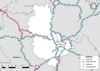 Carte du réseau routier national (autoroutes et routes nationales) dans le département du Rhône