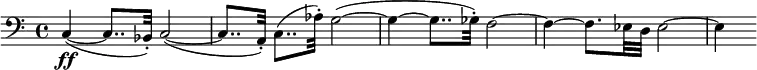 
\version "2.14.2"
\relative c {
\clef bass
\time 4/4
\set Score.tempoHideNote = ##t
\tempo 8 = 100
c4\ff( ~ c8.. bes32-.) c2( ~ 
c8.. a32-.) c8..( aes'32-.) g2( ~
g4 ~ g8.. ges32-.) f2 ~
f4 ~ f8. ees32 d ees2 ~
ees4 
}
