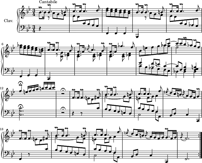 
\version "2.18.2"
\header {
  tagline = ##f
}

%% les petites notes
trillFp       = { \tag #'print { f4.\prall } \tag #'midi { g64 f g f~ f16~ f4 } }
trillCp       = { \tag #'print { c4.\prall } \tag #'midi { d64 c d c~ c16~ c4 } }
trillBesp     = { \tag #'print { bes4.\prall } \tag #'midi { c64 bes c bes~ bes16 bes4 } }
trillGqp      = { \tag #'print { g8.\prall } \tag #'midi { a64 g a g~ g8 } }
trillFqp      = { \tag #'print { f8.\prall } \tag #'midi { g64 f g f~ f8 } }
trillFqpDown  = { \tag #'print { f,,8.\prall } \tag #'midi { g64 f g f~ f8 } }
trillAqp      = { \tag #'print { a8.\prall } \tag #'midi { bes64 a bes a~ a8 } }
trillCqp      = { \tag #'print { c8.\prall } \tag #'midi { d64 c d c~ c8 } }
trillBesqp    = { \tag #'print { bes8.\prall } \tag #'midi { c64 bes c bes~ bes8 } }
trillFisq     = { \tag #'print { fis8\prall } \tag #'midi { g64 fis g fis~ f16 } }
trillGq       = { \tag #'print { g8\prall[ } \tag #'midi { a64 g a g~ g16 } }
trillBq       = { \tag #'print { b8\prall } \tag #'midi { c64 b c b~ b16 } }
trillBesq     = { \tag #'print { bes8\prall } \tag #'midi { c64 bes c bes~ bes16 } }
trillG        = { \tag #'print { g4\prall } \tag #'midi { a64 g a g~ f16~ g8 } }
trillFata     = { \tag #'print { f4\prall\fermata } \tag #'midi { g64 f g f~ f16~ f8 } }

upper = \relative c'' {
  \clef treble 
  \key bes \major
  \time 3/4
  \tempo 4 = 62
  \set Staff.midiInstrument = #"harpsichord"
  \override TupletBracket.bracket-visibility = ##f

  \repeat volta 2 {
      s8*0^\markup{Cantabile}
      \trillBesqp bes16 \stemUp  \trillBesp b8 | \trillCqp c16 \trillCp d8 |  \stemNeutral < d f >8 < c ees > q < bes d > q < a c > | \stemUp \trillBesqp bes16 \trillBesp b8 |
      % ms. 5
       \trillCqp c16 \trillCp d8 |  \stemNeutral < f aes >8 < ees g > q < d f > < c ees > < b d >  |  \stemUp \trillCqp c16 \trillCp bes8 | \trillAqp a16 \acciaccatura des8 \stemUp c4. \trillBesq |
      % ms. 9
      \trillAqp a16 ges'4. f8 | << { s2 aes8 c ~ | c c \trillBesq aes8 \trillGq f8] } \\ { bes,8 e f g aes g | f2 } >> | \trillFata
      % ms. 13 fin
      e16 f g a b c b c | R2.\fermata |
      % ms. 14
      \trillFqpDown f16 \trillFp \trillFisq | << { \trillBesqp bes16  \trillBesp b8 | c8. c16 c4. f8 } \\ { g,2~ g8 f | e4 f8 g a4 } >> | \acciaccatura e'8 d8 c16 b  \acciaccatura b8 a8 g16 f \trillG |
      % ms. 18
      \trillFqp f16 \trillFp \trillFisq | << { \trillBesqp bes16  \trillBesp \trillBq | c8. c16 c4. f8 } \\ { g,2~ g8 f | e4 f8 g a4 } >> | \acciaccatura e'8 d8 c16 b  \acciaccatura b8 a16 g f g \trillGqp f32 g \acciaccatura g8 f2. }%repet

}

lower = \relative c' {
  \clef bass
  \key bes \major
  \time 3/4
  \set Staff.midiInstrument = #"harpsichord"
  \override TupletBracket.bracket-visibility = ##f

  \repeat volta 2 {
    % **************************************
      r4 \stemDown \change Staff = "upper" r8 a'8 g f ees d  \stemUp \change Staff = "lower"  c8 bes a g | f,4 f f | bes, \stemDown \change Staff = "upper" r8 a'''8 g f |
      % ms. 5
       ees8 d  \stemUp \change Staff = "lower"  c bes aes g | f,4 g g | c,4 \stemDown \change Staff = "upper" r8 < c'' g' >8 < des f >4 | \repeat unfold 2 { < c ees >4. q8 < des f >4 }
      % ms. 10
     \change Staff = "lower" << { g4 f8 e } \\ { c8 bes aes g } >>    << { c4~ c8 f, < f bes >4 < f g b > } \\ { f8 ees | des4 des des } >>
      % ms. 12
      < c g' c >2.\fermata | R2.\fermata |
      % ms. 14
      r4 r8 \stemDown \change Staff = "upper" e'8 d \stemUp \change Staff = "lower"  c  |  bes a g f e d  |  << { c'8 bes a g f4 } \\ { c2 f8 a, } >> |  bes d c4 c, |
      % ms. 18
      f4 r8 \stemDown \change Staff = "upper" e''8 d \stemUp \change Staff = "lower"  c  |  bes a g f e d  |  << { c'8 bes a g f4 } \\ { c2 f8 a, } >> |  bes d c4 c, | f2. }%repet

}

thePianoStaff = \new PianoStaff <<
    \set PianoStaff.instrumentName = #"Clav."
    \new Staff = "upper" \upper
    \new Staff = "lower" \lower
  >>

\score {
  \keepWithTag #'print \thePianoStaff
  \layout {
      #(layout-set-staff-size 17)
    \context {
      \Score
     \override SpacingSpanner.common-shortest-duration = #(ly:make-moment 1/2)
      \remove "Metronome_mark_engraver"
    }
  }
}

\score {
  \unfoldRepeats
  \keepWithTag #'midi \thePianoStaff
  \midi { }
}
