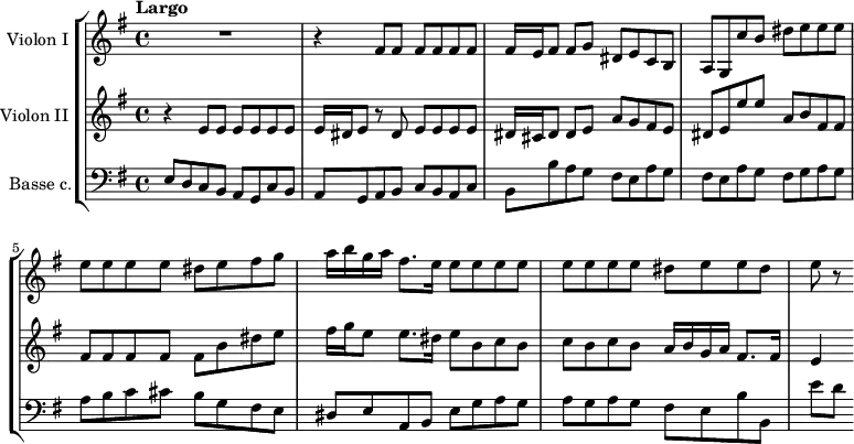 
\version "2.14.2"
\header {
  tagline = ##f
}
global= {
  \time 4/4
  \key e \minor
  \tempo "Largo"

}

violinOne = \new Voice \relative c' {
  \set Staff.instrumentName = #"Violon I "
  \set Staff.midiInstrument = #"violin"
  \tempo 4 = 56
 
  R1 r4 \repeat unfold 3 { fis8 fis } fis16 e fis8 fis g dis e c b | a g c' b dis e e e |
  e8 e e e dis e fis g | a16 b g a fis8. e16 \repeat unfold 4 { e8 e } dis8 e e dis | e8 r8

}

violinTwo = \new Voice \relative c' {
  \set Staff.instrumentName = #"Violon II "
  \clef treble
  \set Staff.midiInstrument = #"violin"

  r4 \repeat unfold 3 { e8 e } e16 dis e8 r8 dis e e e e | dis16 cis dis8 dis e a g fis e | dis e e' e a, b fis fis

  % ms. 5
  fis8 fis fis fis fis b dis e | fis16 g e8 e8. dis16 e8 b c b | c b c b a16 b g a fis8. fis16 | e4

    % \addlyrics {  }
}

basse = \new Voice \relative c {
  \set Staff.instrumentName = #"Basse c."
  \clef bass
  \set Staff.midiInstrument = #"harpsichord"

  e8 d c b a g c b | a g a b c b a c | b b' a g fis e a g | fis e a g fis g a g | 

  % ms. 5
  a8 b c cis b g fis e | dis  e a, b e g a g | a g a g fis e b' b, e'[ d]

}

\score {
  \new StaffGroup <<
    \new Staff << \global \violinOne >>
    \new Staff << \global \violinTwo >>
    \new Staff << \global \basse >>
  >>
  \layout {
    #(layout-set-staff-size 17)
    \context {
      \Score
      % \remove "Metronome_mark_engraver"
      \override SpacingSpanner.common-shortest-duration = #(ly:make-moment 1/2)
    }
  }
  \midi { }
}

