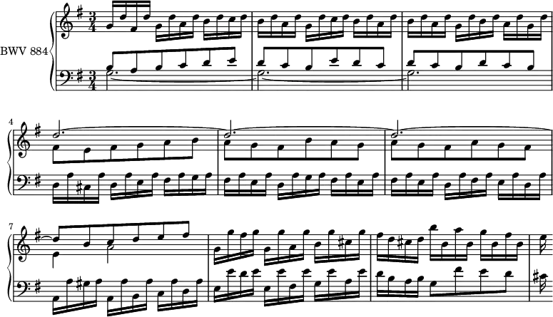 
\version "2.18.2"
\header {
  tagline = ##f
}

upper = \relative c'' {
  \clef treble 
  \key g \major
  \time 3/4
  \tempo 4 = 96
  \set Staff.midiInstrument = #"harpsichord" 

   %% PRÉLUDE CBT II-15, BWV 884, sol majeur
   g16 d' fis, d' g, d' a d b d c d | b d a d g, d' c d b d a d | b d a d g, d' b d a d g, d'~ |
   << { d2.~ d~ d~ d8 b c d e fis } \\ { fis,8 e fis g a b a g fis b a g a g fis a g fis e4 a2 } >>
   g16 g' fis g g, g' a, g' b, g' cis, g' | fis d cis d b' b, a' b, g' b, fis' b, e
}

lower = \relative c' {
  \clef bass 
  \key g \major
  \time 3/4
  \set Staff.midiInstrument = #"harpsichord" 
  
     << { b8 a b c d e d c b e d c d c b d c b } \\ { g2.~ g~ g } >>
     d16 a' cis, a' d, a' e a fis a g a | fis a e a d, a' g a fis a e a | fis a e a d, a' fis a e a d, a' | a, a' gis a a, a' b, a' c, a' d, a' | e e' d e e, e' fis, e' g, e' a, e' | d b a b g8 fis' e d | cis16
} 

\score { 
  \new PianoStaff <<
    \set PianoStaff.instrumentName = #"BWV 884"
    \new Staff = "upper" \upper
    \new Staff = "lower" \lower
  >>
  \layout {
    \context {
      \Score
      \remove "Metronome_mark_engraver"
      %\override SpacingSpanner.common-shortest-duration = #(ly:make-moment 1/3)
    }
  }
  \midi { }
}
