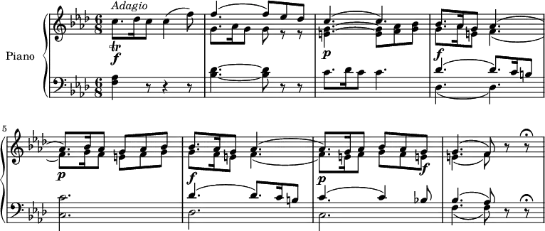 
\version "2.18.2"
\header {
  tagline = ##f
}
upper = \relative c' {
  \clef treble 
  \key aes \major
  \time 6/8
  \tempo "Adagio"
  \tempo 4 = 40

   c'8.^\markup{ \italic {Adagio} }  \f  _ \trill   des16 c8 c4 (f8)
   <<{\stemDown g,8. aes16 g8 g ees \rest ees \rest } \\ {  \stemUp f'4. ^ (f8) ees des }>>
     <<{\stemDown <e, g> 4.   \p ~ <e g>8 <f aes> <g bes> g8.  \f aes16 e8 f4. _ (f8.)  \p g16 f8 e f g} \\ {  \stemUp c4. ^ (c4.)  bes8. aes16 g8 aes4. ^ (aes8.)  bes16 aes8 g aes bes}>>
   <<{\stemDown  g8. \f  f16 e8 f4. _ (f8.)  \p e16 f8 g f e! \f e!4.   _ (f8)} \\ {  \stemUp  bes8. aes16 g8 aes4. ^(aes8.) g16 aes8 bes aes g g4. ^(f8)}>>
   r8 r \fermata
}

lower = \relative c' {
  \clef bass
  \key aes \major
  \time 6/8
 
 <f, aes>4 r8  r4 r8
 <bes des>4.  ~ <bes des>8 r r
 c8. des16 c8 c4.
  <<{\stemDown des,4. _ ( des4. )} \\ {  \stemUp des'4. ^(des8.) c16 b8  }>>
 <c, c'>2.
 <<{\stemDown des2. c f4. _ (f8) } \\ {  \stemUp des'4. ^(des8.) c16 b8 c4. ^(c4) bes!8  bes4. ^(aes8)}>>
 r8 r  \fermata
 
} 

\score {
  \new PianoStaff <<
    \set PianoStaff.instrumentName = #"Piano"
    \new Staff = "upper" \upper
    \new Staff = "lower" \lower
  >>
  \layout {
    \context {
      \Score
      \remove "Metronome_mark_engraver"
    }
  }
  \midi { }
}
