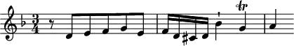 
\version "2.18.2"
\header {
  tagline = ##f
}

\score {
  \new Staff \with {

  }
<<
  \relative c' {
    \key d \minor
    \time 3/4

     %% SUJET fugue CBT I-6, BWV 851, ré mineur
     r8 d8 e f g e f16 d cis d bes'4-! g\trill a4~

  }
>>
  \layout {
     \context { \Score \remove "Metronome_mark_engraver" 
     %\override SpacingSpanner.common-shortest-duration = #(ly:make-moment 1/2) 
}
  }
  \midi {} 
}
