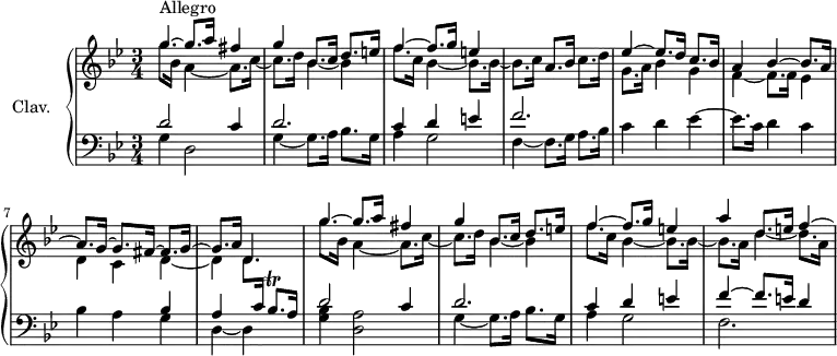 
\version "2.18.2"
\header {
  tagline = ##f
  % composer = "Domenico Scarlatti"
  % opus = "K. 8"
  % meter = "Allegro"
}

%% les petites notes
trillBesqp     = { \tag #'print { bes8.\trill } \tag #'midi { c32 bes c bes~ bes16 } }

upper = \relative c'' {
  \clef treble 
  \key g \minor
  \time 3/4
  \tempo 4 = 80
  \set Staff.midiInstrument = #"harpsichord"
  \override TupletBracket.bracket-visibility = ##f

      s8*0^\markup{Allegro}
      << { \mergeDifferentlyDottedOn g'4~ g8. a16 fis4 | g4 bes,8. c16 d8. e16 | f4~ f8. g16 e4 } 
      \\ { g8. bes,16 a4~ a8. c16~ | c8. d16 bes4~ bes | f'8. c16 bes4~ bes8. bes16~ | bes8. c16 } >> a8. bes16 c8. d16 |
      % ms. 5
      << { ees4~ ees8. d16 c8. bes16 | a4 bes4~ bes8. a16~ | a8. g16~ g8. fis16~ fis8. g16~ | g8. a16 d,4 } 
      \\ { g8. a16 bes4 g | f4~ f8. f16 ees4 | d c  d4~ | d d8. \stemUp \change Staff = "lower" c16 } >> s4  \change Staff = "upper" |
      % ms. 9
      << { g''4~ g8. a16 fis4 | g4 bes,8. c16 d8. e16 | f4~ f8. g16 e4 | a d,8. e16 f4~ \hideNotes f16*0 } 
      \\ { g8. bes,16 a4~ a8. c16~ | c8. d16 bes4~ bes | f'8. c16 bes4~ bes8. bes16~ | bes8. a16 d4~ d8. a16 } >>
      % ms. 16
      
      % ms. 21
      

}

lower = \relative c' {
  \clef bass
  \key g \minor
  \time 3/4
  \set Staff.midiInstrument = #"harpsichord"
  \override TupletBracket.bracket-visibility = ##f

    % ************************************** \appoggiatura a8  \repeat unfold 2 {  } \times 2/3 { }   \omit TupletNumber 
      << { d2 c4 | d2. | c4 d e | f2. } 
      \\ { g,4 d2 | g4~ g8. a16 bes8. g16 | a4 g2 | f4~ f8. g16 a8. bes16 } >>
      % ms. 5
      c4 d ees4~ | ees8. c16 d4 c | bes a << { bes4 | a s4 \trillBesqp a16 } \\ { g4 | d~ d } >>
      % ms. 9
      << { d'2 c4 | d2. | c4 d e | f4~ f8. e16 d4 } 
      \\ { < g, bes >4 < d a' >2 | g4~ g8. a16 bes8. g16 | a4 g2 | f2. } >>
      % ms. 16
      
      % ms. 21
      

}

thePianoStaff = \new PianoStaff <<
    \set PianoStaff.instrumentName = #"Clav."
    \new Staff = "upper" \upper
    \new Staff = "lower" \lower
  >>

\score {
  \keepWithTag #'print \thePianoStaff
  \layout {
      #(layout-set-staff-size 17)
    \context {
      \Score
     \override SpacingSpanner.common-shortest-duration = #(ly:make-moment 1/2)
      \remove "Metronome_mark_engraver"
    }
  }
}

\score {
  \keepWithTag #'midi \thePianoStaff
  \midi { }
}
