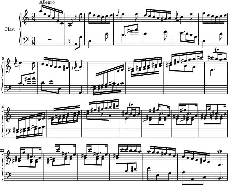 
\version "2.18.2"
\header {
  tagline = ##f
  % composer = "Domenico Scarlatti"
  % opus = "K. 110"
  % meter = "Allegro"
}

%% les petites notes
trillBp      = { \tag #'print { b4.\trill } \tag #'midi { c32 b c b~ b4 } }
trillBqq     = { \tag #'print { b16\trill } \tag #'midi { \times 2/3 { b32 cis b } } }

upper = \relative c'' {
  \clef treble 
  \key a \minor
  \time 3/8
  \tempo 4. = 72
  \set Staff.midiInstrument = #"harpsichord"
  \override TupletBracket.bracket-visibility = ##f

      s8*0^\markup{Allegro}
      a'16 e c a e c | a8 r8 e''8 | f16 d c b c d | \appoggiatura d32 e4 e8 | d16 c b a gis a | \appoggiatura a32 b4 e8 |
      % ms. 7
      f16 d c b c d | \appoggiatura d32 e4 e8 | d16 c b a a gis | \appoggiatura gis32 a4. | \stemUp \change Staff = "lower" gis,16 a b cis \stemUp \change Staff = "upper" d e | fis gis a b cis d | e fis gis a b cis |
      % ms. 14
      cis8 \trillBqq a16 b8 | \stemUp \change Staff = "lower" gis,,16 a b cis \stemUp \change Staff = "upper" d e | fis gis a b cis d | e fis gis a b cis | cis,8 \trillBqq a16 b8 | r16 \repeat unfold 2 { fis'16 b,8. a16 |
      % ms. 20
      gis16 } g' cis,8. b16 | ais16 g' cis,8. b16 | ais16 c' fis,8. e16 | dis16 c' fis,8. e16 | dis16 c' c b b a |
      % ms. 26
      a16 g g fis e d | c b a g fis e | \trillBp

}

lower = \relative c' {
  \clef bass
  \key a \minor
  \time 3/8
  \set Staff.midiInstrument = #"harpsichord"
  \override TupletBracket.bracket-visibility = ##f

    % ************************************** \appoggiatura a16  \repeat unfold 2 {  } \times 2/3 { }   \omit TupletNumber 
      R4. | r8 a,8 a' | d,4 d'8 | << { c8 gis' a } \\ { \mergeDifferentlyDottedOn c,4. } >> | d4 f8 | e8. d16 c a |
      % ms. 7
      d,4 d'8 | << { c8 gis' a } \\ { \mergeDifferentlyDottedOn c,4. } >> | d8 e e, | a,4. | \repeat unfold 2 { \stemDown \change Staff = "lower" e'16 fis gis a b cis | \change Staff = "upper" d e fis gis a b | cis8 b a |
      % ms. 14
      e4. } | < dis fis >8 q q |
      % ms. 20
      e8 <dis fis>8 q | e < e g >8 q | fis < e g >8 q | fis < ais c >8 q | b < a c >8 q | b \stemNeutral \change Staff = "lower" b, dis
      % ms. 26
      e8 e, g | a a, c | b4. |

}

thePianoStaff = \new PianoStaff <<
    \set PianoStaff.instrumentName = #"Clav."
    \new Staff = "upper" \upper
    \new Staff = "lower" \lower
  >>

\score {
  \keepWithTag #'print \thePianoStaff
  \layout {
      #(layout-set-staff-size 17)
    \context {
      \Score
     \override SpacingSpanner.common-shortest-duration = #(ly:make-moment 1/2)
      \remove "Metronome_mark_engraver"
    }
  }
}

\score {
  \keepWithTag #'midi \thePianoStaff
  \midi { }
}
