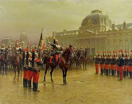 Le Colonel de la Rochetulon présentant aux recrues du 6e&nbsp;cuirassier l'étendard du régiment. Janvier 1887 (vers 1887), Versailles, musée de l'Histoire de France.