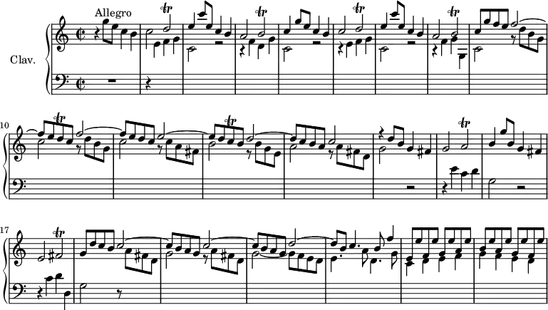 
\version "2.18.2"
\header {
  tagline = ##f
  % composer = "Domenico Scarlatti"
  % opus = "K. 117"
  % meter = "Allegro"
}

%% les petites notes
trillDb     = { \tag #'print { d2\trill } \tag #'midi { e32 d e d~ d8~ d4 } }
trillBb     = { \tag #'print { b2\trill } \tag #'midi { c32 b c b~ b8~ b4 } }
trillDq     = { \tag #'print { d8\trill } \tag #'midi { e32 d e d } }
trillAb     = { \tag #'print { a2\trill } \tag #'midi { b32 a b a~ a8~ a4 } }
trillCq     = { \tag #'print { c8\trill } \tag #'midi { d32 c d c } }
trillFisb   = { \tag #'print { fis2\trill } \tag #'midi { g32 fis g fis~ fis8~ fis4 } }

upper = \relative c'' {
  \clef treble 
  \key c \major
  \time 2/2
  \tempo 2 = 80
  \set Staff.midiInstrument = #"harpsichord"
  \override TupletBracket.bracket-visibility = ##f

      s8*0^\markup{Allegro}
      r4 g'8 e c4 b | c2 \stemUp \trillDb | e4 c'8 e, c4 b a2 \trillBb | 
      % ms. 5 … 9
      c4 g'8 e c4 b | c2 \stemUp \trillDb | e4 c'8 e, c4 b a2 \trillBb | c8 g' f e f2^~ |
      % ms. 10
      f8 e \trillDq c8 f2^~ | f8 e d c e2^~ | e8 d \trillCq b8 d2^~ | d8 c b a c2 |
      % ms. 14
      r4 d8 b g4 fis | g2 \trillAb | b4 g'8 b, g4 fis | e2 \trillFisb | g8 d' c b c2^~ | 
      % ms. 19
      c8 b a g c2^~ | c8 b a g d'2^~ | d8 b c4. b8 f'4 | e,8 e' f, e' g, e' a, e' |
      % ms. 23
      b8 e a, e' g, e' f, e' |

}

lower = \relative c' {
  \clef bass
  \key c \major
  \time 2/2
  \set Staff.midiInstrument = #"harpsichord"
  \override TupletBracket.bracket-visibility = ##f

    % ************************************** \appoggiatura a16  \repeat unfold 2 {  } \times 2/3 { }   \omit TupletNumber 
      R1 | r4 \stemDown \change Staff = "upper" e4 f g | c,2 r2 | r4 f4 d g |
      % ms. 5
      c,2 r2 | r4 e4 f g | c,2 r2 | r4 f4 g g, c2 | \repeat unfold 2 { r8 d'8 b g |
      % ms. 10
      c2 } r8 c8 a fis | b2 r8 b8 g e | a2 r8 a8 fis d |
      % ms. 14
      g2 \stemNeutral \change Staff = "lower" r2 | r4 e4 c d | g,2 r2 | r4 c4 d d, | g2 \repeat unfold 2 { r8 \stemDown \change Staff = "upper" a'8 fis d |
      % ms. 19
      g2_~ } g8 f e d | e4. a8 d,4. g8 | c,4 d e f |
      % ms. 23
      g4 f e d

}

thePianoStaff = \new PianoStaff <<
    \set PianoStaff.instrumentName = #"Clav."
    \new Staff = "upper" \upper
    \new Staff = "lower" \lower
  >>

\score {
  \keepWithTag #'print \thePianoStaff
  \layout {
      #(layout-set-staff-size 17)
    \context {
      \Score
     \override SpacingSpanner.common-shortest-duration = #(ly:make-moment 1/2)
      \remove "Metronome_mark_engraver"
    }
  }
}

\score {
  \keepWithTag #'midi \thePianoStaff
  \midi { }
}
