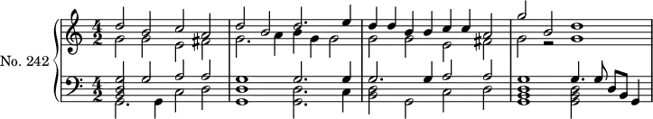 
\version "2.14.2"
\header {
  tagline = ##f
}
upper = \relative c' {
  \clef treble 
  \key a \minor
  \time 4/2
  \tempo 2 = 66
  \autoBeamOff
  \set fontSize = #-1
  \set Staff.midiInstrument = #"harpsichord"

    << { d'2 b c a | d b d2. e4 | d d b b c c a2 | g' b, d1 } \\ { g,2 g e fis | g2. a4 b g g2 | g g e fis g r2 g1 } >>

}

lower = \relative c {
  \clef bass
  \key a \minor
  \time 4/2
  \set Staff.midiInstrument = #"harpsichord"

    << { << g'2 d2 b2 >> g'2 a a | g1 g2. g4 } \\ { g,2. g4 c2 d | << g,1 d' >> << g,2. d'2. >> c4 } >> 
    << { g'2. g4 a2 a | g1 g4. g8 d b g4 } \\ { << d'2 b2 >> g c d | << d1 b g >> << d'2 b g >> } >>

}

\score {
  \new PianoStaff <<
    \set PianoStaff.instrumentName = #"No. 242"
    \new Staff = "upper" \upper
    \new Staff = "lower" \lower
  >>
  \layout {
    \context {
      \Score
      \remove "Metronome_mark_engraver"
    }
  }
  \midi { }
}
