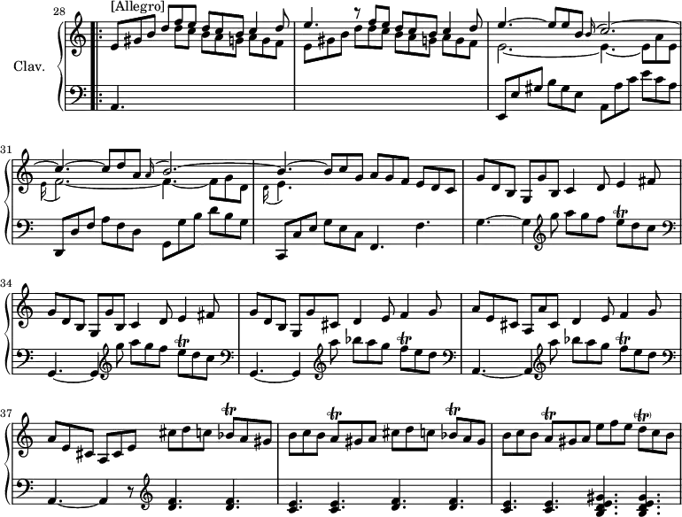 
\version "2.18.2"
\header {
  tagline = ##f
}

%% les petites notes
trillE     = { \tag #'print { e8\trill } \tag #'midi { e32 f e~ e } }
trillF     = { \tag #'print { f8\trill } \tag #'midi { f32 g f~ f } }

trillBes     = { \tag #'print { bes8\trill } \tag #'midi { bes32 c bes~ bes } }
trillA     = { \tag #'print { a8\trill } \tag #'midi { a32 b a~ a } }
trillD     = { \tag #'print { d8-\parenthesize\trill } \tag #'midi { d32 e d~ d } }

upper = \relative c' {
  \clef treble 
  \key a \minor
  \time 12/8
  \tempo 4. = 78
  \omit Staff.TimeSignature
  \set Staff.midiInstrument = #"harpsichord"
  \set Score.currentBarNumber = #28

  << { e8^\markup{[Allegro]} gis b d  f e d c b c4 d8 | e4. r8 f e d c b c4 d8 | e4.~ e8 e b \appoggiatura b16 c2.~ } \\ { s4. s8 d8 c b a g a g f | e gis b  d d c  b a g  a g f | e2.~ e4.~ e8 a e } >> | 
  << { c'4.~ c8 d a \appoggiatura a16 b2.~ | b4.~ b8 c g a g f e d c } \\ { \appoggiatura e16 f2.~ f4.~ f8 g d | \appoggiatura d16 e4. } >> | \repeat unfold 2 { g8 d b g g' b, c4 d8 e4 fis8 }

  % ms. 35
  g8 d b g g' cis, d4 e8 f4 g8 | a8 e cis a a' cis, d4 e8 f4 g8 | 
  % ms. 37
  a8 e cis a cis e \repeat unfold 2 { cis'8 d c \trillBes a8 gis | b c b \trillA gis8 a } e' f e \trillD c b |

}

lower = \relative c {
  \clef bass
  \key a \minor
  \time 12/8
  \omit Staff.TimeSignature
  \set Staff.midiInstrument = #"harpsichord"

    % **************************************
    \bar ".|:"
    a4. s4.*7 | e8 e' gis b gis e a, a' c e c a  | d,, d' f a f d g, g' b d b g | c,, c' e g e c f,4. f' | g4.~ g4 \repeat unfold 2 { \clef treble g''8 a g f \trillE d8 c \clef bass | g,,4.~ g4 } \repeat unfold 2 { \clef treble  a'''8 bes a g \trillF e8 d \clef bass | a,,4.~ a4 } r8 \clef treble \repeat unfold 2 { < d' f >4. q | < c e > q } < b d e gis >4. q
} 

thePianoStaff = \new PianoStaff <<
    \set PianoStaff.instrumentName = #"Clav."
    \new Staff = "upper" \upper
    \new Staff = "lower" \lower
  >>

\score {
  \keepWithTag #'print \thePianoStaff
  \layout {
      #(layout-set-staff-size 17)
    \context {
      \Score
     \override SpacingSpanner.common-shortest-duration = #(ly:make-moment 1/2)
      \remove "Metronome_mark_engraver"
    }
  }
}

\score {
  \keepWithTag #'midi \thePianoStaff
  \midi { }
}
