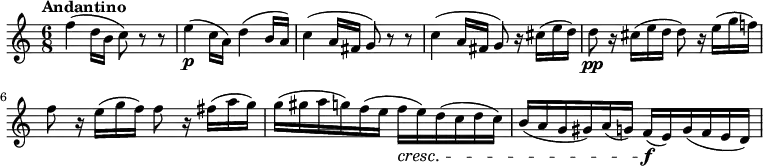 
\relative c'' {
      \version "2.18.2"
      \clef "treble" 
      \tempo "Andantino" 
      \key c \major
      \time 6/8
   f4 (d16 b c8) r8 r8
   e4  \p (c16 a) d4 (b16 a)
   c4 (a16 fis g8) r8 r8
   c4 (a16 fis g8) r16 cis16 (e d)
   d8 \pp r16 cis16 (e d d8) r16 e16 (g f!)
   f8 r16 e16 (g f) f8 r16 fis16 (a g)
   g (gis a g) f (e f\cresc e) d (c d c)
   b (a g gis) a (g) f\f (e) g (f e d)               
     }
