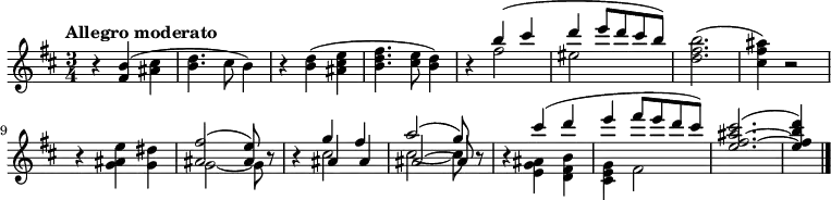 
\new Staff \with {
  midiInstrument = "acoustic grand"
}
\relative c' {
    \version "2.18.2"
    \key b \minor
    \time 3/4
    \tempo "Allegro moderato"
    \tempo 4 = 138
    
    r4 <fis b> (<ais cis>
    <b d>4. cis8 b4)
    r4 <b d> (<ais cis e>
    <b d fis>4. <cis e>8 <b d>4)
    r4 <<{b' (cis d4 e8 d cis b)} \\ {fis2 | eis2}>>
    <d fis b>2. (
    <cis fis ais>4) r2
    r4 <g ais e'>4 <g dis'>4
    <<{<ais fis'>2 (<ais e'>8)} \\ {g2~ g8}>> r8
    r4 <<{g'4 fis4 | a2 (g8)} \\ {cis,2 | cis2~ cis8} \\ {ais4 ais | ais2~ ais8}>> r8
    r4 <<{cis'4 (d4 e4 fis8 e8 d8 cis8) | <e,~ fis~ ais cis>2. (| <e fis b d>4)}
         \\ {<e, g ais>4 <d fis b> | <cis e g>4 fis2}>>
    \bar "|."
}
