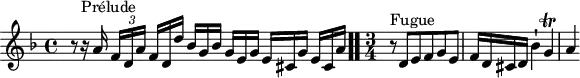 
\version "2.18.2"
\header {
  tagline = ##f
}

\score {
  \new Staff \with {
%fontSize = #-2
  }
<<
  \relative c'' {
    \key d \minor
    \time 4/4

     %% INCIPIT CBT I-6, BWV 851, ré mineur 
     r8 r16^\markup{Prélude} a16 \tuplet 3/2 { f16[ d a'] } \omit TupletNumber \tuplet 3/2 { f16 d d' } \tuplet 3/2 { bes16[ g bes] } \tuplet 3/2 { g e g } \tuplet 3/2 { e[ cis g'] } \tuplet 3/2 { e cis a' }  \bar ".."
     \time 3/4 
     r8^\markup{Fugue} d,8 e f g e f16 d cis d bes'4-! g\trill a4~ 
  }
>>
  \layout {
     \context { \Score \remove "Metronome_mark_engraver" 
     \override SpacingSpanner.common-shortest-duration = #(ly:make-moment 1/2) 
}
  }
  \midi {}
}

