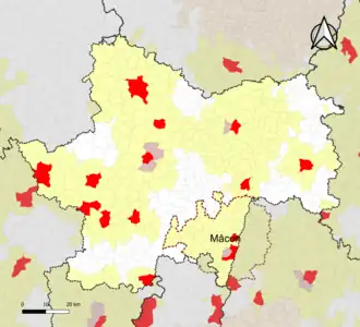 Localisation de l'aire d'attraction de Mâcon dans le département de Saône-et-Loire.