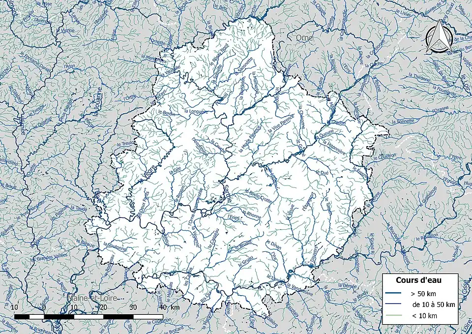 Carte de l'ensemble du réseau hydrographique de la Sarthe.