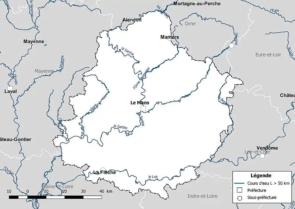 Carte des cours d'eau de longueur supérieure à 50&nbsp;km de la Sarthe.