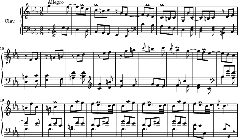
\version "2.18.2"
\header {
  tagline = ##f
  % composer = "Domenico Scarlatti"
  % opus = "K. 226"
  % meter = "Allegro"
}

%% les petites notes
trillEesq      = { \tag #'print { ees8\prall } \tag #'midi { f32 ees f ees } }
trillCq        = { \tag #'print { c8\prall } \tag #'midi { d32 c d c } }
trillAes       = { \tag #'print { aes4\prall } \tag #'midi { bes32 aes bes aes~ aes8 } }
trillFq        = { \tag #'print { f8\prall } \tag #'midi { g32 f g f } }
trillEesqp     = { \tag #'print { ees8.\prall } \tag #'midi { f32 ees f ees~ ees16 } }
trillC         = { \tag #'print { c4\prall } \tag #'midi { d32 c d c~ c8 } }
appoEesDp      = { \tag #'print { \appoggiatura ees8 d4. } \tag #'midi { ees4 d8 } }

upper = \relative c'' {
  \clef treble 
  \key c \minor
  \time 3/8
  \tempo 4. = 72
  \set Staff.midiInstrument = #"harpsichord"
  \override TupletBracket.bracket-visibility = ##f

      s8*0^\markup{Allegro}
      g'4 f8~ | f \trillEesq d8 | \trillCq b8 c | r8 g8 f~ | f \trillEesq d8 | \trillCq b8 c | g g' c,~ |
      % ms. 8
      c8 b c | r8 d8 ees | r8 f8 g | r8 a8 b| r8 c8 d | r8 ees8 f | r8 g8 a | \appoggiatura c16 b4  c8 |
      % ms. 16
      \appoggiatura bes16 \trillAes g8~ | g \trillFq ees8~ | ees d c | b f' c | b \trillC | \repeat unfold 3 {  d8 aes' g |f \trillEesqp d32 ees } |
      % ms. 27
      \appoEesDp |
      % ms. 30
      
      % ms. 38
      
      % ms. 45
      

}

lower = \relative c' {
  \clef bass
  \key c \minor
  \time 3/8
  \set Staff.midiInstrument = #"harpsichord"
  \override TupletBracket.bracket-visibility = ##f

    % ************************************** \appoggiatura a16  \repeat unfold 2 {  } \times 2/3 { }   \omit TupletNumber 
      r8   \clef treble  ees'8 d | c4 bes8 | aes g f | ees4 d8   \clef bass | c4 bes8 | aes g f | ees4 < ees g >8
      % ms. 8
      < d f >4 < ees g >8 | < b f' >4 c8 | < d b' >4 < ees c' >8 | < f c' >4 g8 | < a f' >4 < b f' >8  \clef treble  | < c g' >4 < d b' >8 | < ees c' >4 f8 | g8 f ees |
      % ms. 16
      << { f8 c'4 } \\ { f,4 ees8 | < d f >4 c8 } >> \clef bass | 
      << { bes8 g' f~ | f4 ees8 | d ees c | b f' ees | \repeat unfold 2 { d c fis | g f ees }  } 
      \\ { bes4 aes8 |  \repeat unfold 7 { g4. } } >>
      % ms. 26
      < g d' >8 c c, | g' g, r8
      % ms. 30
      
      % ms. 38
      
      % ms. 45
      

}

thePianoStaff = \new PianoStaff <<
    \set PianoStaff.instrumentName = #"Clav."
    \new Staff = "upper" \upper
    \new Staff = "lower" \lower
  >>

\score {
  \keepWithTag #'print \thePianoStaff
  \layout {
      #(layout-set-staff-size 17)
    \context {
      \Score
     \override SpacingSpanner.common-shortest-duration = #(ly:make-moment 1/2)
      \remove "Metronome_mark_engraver"
    }
  }
}

\score {
  \keepWithTag #'midi \thePianoStaff
  \midi { }
}
