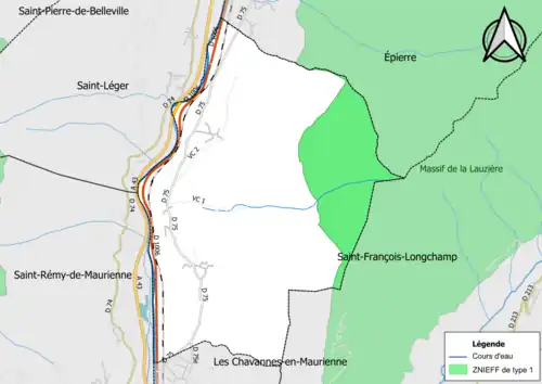 Carte des ZNIEFF de type 1 sur la commune.