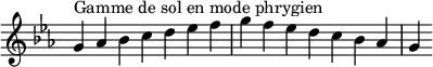  {
\override Score.TimeSignature #'stencil = ##f
\relative c'' {
  \key g \phrygian
  \clef treble \time 7/4
  g4^\markup { Gamme de sol en mode phrygien } aes bes c d es f g f es d c bes aes g
} }

