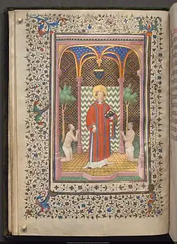 Le Maréchal Boucicaut et Jean sans Peur en prière devant saint Léonard, folio 9v, Heures du Maréchal Boucicaut