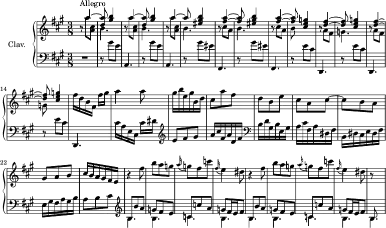 
\version "2.18.2"
\header {
  tagline = ##f
  % composer = "Domenico Scarlatti"
  % opus = "K. 221"
  % meter = "Allegro"
}

%% les petites notes
%trillBesp     = { \tag #'print { bes4.\prall } \tag #'midi { c32 bes c bes~ bes4 } }

upper = \relative c'' {
  \clef treble 
  \key a \major
  \time 3/8
  \tempo 4. = 70
  \set Staff.midiInstrument = #"harpsichord"
  \override TupletBracket.bracket-visibility = ##f

      s8*0^\markup{Allegro}
      \repeat unfold 2 { r8 << { a'4~ | < d, a' >8 < gis b >4 } \\ { a8 < a, cis > | b4. } >> } |
      r8 << { a'4~ | a8 < eis gis b >4 } \\ { a8 < a, cis > | b4. } >> | 
      % ms. 7
      r8 << { < fis' a >4~ | < fis a >8 < eis gis b >4 } \\ { cis8 a | b4. } >> |
      r8 << { < fis' a >4~ | < fis a >8 < cis e g >4 } \\ { cis8 a | b8 } >> |
      r8 << { < d fis >4~ | < d fis >8 < cis e g >4 } \\ { a8 fis | g4. } >> |
      r8 << { < d' fis >4~ | < d fis >8 < cis e g >4 } \\ { a8 fis | g8 } >> |
      % ms. 5
      fis'16 d b fis fis'[ gis] | a4 a8 | gis16 b e, gis b, d | cis8 a' fis | d b e |
      % ms. 20
      cis8 a cis~ | cis b a | gis a b  | cis16 b a gis fis e | \repeat unfold 2 { r4 fis'8  | b a g |
      % ms. 26
      \appoggiatura a16 g8 fis c' | \appoggiatura fis,16 e4 | dis8 } 
      % ms. 32
      r8 

}

lower = \relative c' {
  \clef bass
  \key a \major
  \time 3/8
  \set Staff.midiInstrument = #"harpsichord"
  \override TupletBracket.bracket-visibility = ##f

    % ************************************** \appoggiatura a8  \repeat unfold 2 {  } \times 2/3 { }   \omit TupletNumber 
      R4. | \repeat unfold 2 { r8 gis'8 e | a,,4. } | \repeat unfold 2 { r8 gis''8 eis | fis,,4. } |
      % ms. 10
      \repeat unfold 3 { r8 e''8 cis | d,,4. } | 
      % ms. 16
      cis''16 a e cis cis'[ dis] |   \clef treble  e8 fis gis | a16 cis fis, a d, fis |   \clef bass b, d gis, b e, gis |
      % ms. 20
      a16 cis fis, a dis, fis | b, dis cis e dis fis | e gis fis a gis b | a8 b cis |  \clef treble  \repeat unfold 2 { << { b8 b'a | g fis e | c c' a | g fis16 e fis8 } \\ { \mergeDifferentlyDottedOn b,4. b c b } >> } << { b8 } \\ { b4. } >>
      % ms. 26
      

}

thePianoStaff = \new PianoStaff <<
    \set PianoStaff.instrumentName = #"Clav."
    \new Staff = "upper" \upper
    \new Staff = "lower" \lower
  >>

\score {
  \keepWithTag #'print \thePianoStaff
  \layout {
      #(layout-set-staff-size 17)
    \context {
      \Score
     \override SpacingSpanner.common-shortest-duration = #(ly:make-moment 1/2)
      \remove "Metronome_mark_engraver"
    }
  }
}

\score {
  \keepWithTag #'midi \thePianoStaff
  \midi { }
}
