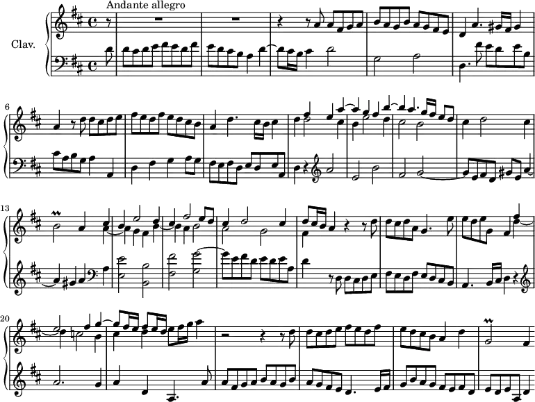 
\version "2.18.2"
\header {
  tagline = ##f
  % composer = "Domenico Scarlatti"
  % opus = "K. 287"
  % meter = "Andante allegro"
}

%% les petites notes
trillBb       = { \tag #'print { b2\prall } \tag #'midi { cis32 b cis b~ b8~ b4 } }
trillGbDown   = { \tag #'print { g,2\prall } \tag #'midi { a32 g a g~ g8~ g4 } }

upper = \relative c'' {
  \clef treble 
  \key d \major
  \time 4/4
  \tempo 4 = 122
  \set Staff.midiInstrument = #"church organ"
  \override TupletBracket.bracket-visibility = ##f

    \partial 8
      s8*0^\markup{Andante allegro}
      r8 | R1*2 | r4 r8 a8 a fis g a | b a g b a g fis e |
      % ms. 5
      d4 a'4. gis16 fis gis4 | a r8 d8 d cis d e | fis e d fis e d cis b | a4 d4. cis16 b cis4 |
      % ms. 9
      d4 << { fis4 e a~ | a g fis b~ | b a4. g16 fis e8 d } \\ { d2 cis4 | b e2 d4 | cis2 b } >> | cis4 d2 cis4 | \trillBb a4 
      % ms. 13 fin
      << { cis4 | b e2 d4 | cis fis2 e8 d | cis4 d2 cis4 | d8 cis16 b a4 } \\ { a4~ | a4 g fis b~ | b a b2 | a g | fis4 } >> r4 r8 d'8 | d cis d a g4. e'8 |
      % ms. 19
      e8 d e g, fis4 << { fis'4 | e2 fis4 g~ | g8 fis16 e  fis8 e16 d } \\ { d4~ | d4 c2 b4 | cis d } >> e8 fis16 g a4 | r2 r4 r8 d,8 |
      % ms. 23
      d8 cis d e fis e d fis | e d cis b a4 d | \trillGbDown fis4

}

lower = \relative c' {
  \clef bass
  \key d \major
  \time 4/4
  \set Staff.midiInstrument = #"church organ"
  \override TupletBracket.bracket-visibility = ##f

    % ************************************** \appoggiatura a16  \repeat unfold 2 {  } \times 2/3 { }   \omit TupletNumber 
      d8 | d cis d e fis e d fis | e d cis b a4 d~ | d8 cis16 b cis4 d2 | g, a |
      % ms. 5
      d,4. fis'8 e d e b | cis a b g a4 a, | d fis g a8 g | fis e fis d e d e a, |
      % ms. 9
      d4 r4   \clef treble  a''2 e b' | fis g2~ | g8 e fis d gis e a4~ | a gis a   \clef bass a,  |
      % ms. 14
      < e e' >2 < b b' > | < fis' fis' > < g g' >~ | g'8 e fis d e d e a, | d4 r8 d,8 d cis d e | fis e d fis e d cis b |
      % ms. 19
      a4. b16 cis d4 r4 | \clef treble  a''2. g4 | a d, a4. a'8 | a fis g a b a g b |
      % ms. 23
      a8 g fis e d4. e16 fis | g8 b a g fis e fis d | e d e a, d4 

}

thePianoStaff = \new PianoStaff <<
    \set PianoStaff.instrumentName = #"Clav."
    \new Staff = "upper" \upper
    \new Staff = "lower" \lower
  >>

\score {
  \keepWithTag #'print \thePianoStaff
  \layout {
      #(layout-set-staff-size 17)
    \context {
      \Score
     \override SpacingSpanner.common-shortest-duration = #(ly:make-moment 1/2)
      \remove "Metronome_mark_engraver"
    }
  }
}

\score {
  \keepWithTag #'midi \thePianoStaff
  \midi { }
}

