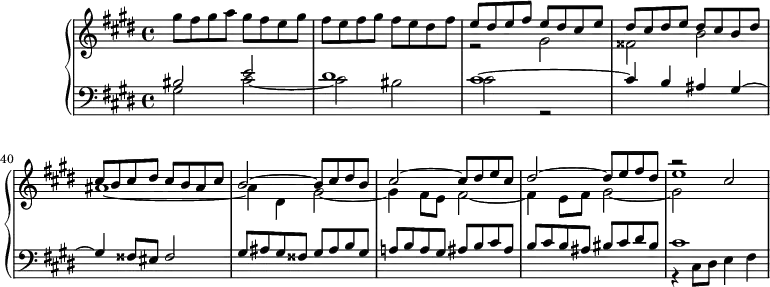 
\version "2.18.2"
\header {
  tagline = ##f
}
upper = \relative c''' {
  \clef treble 
  \key cis \minor
  \time 4/4
  \tempo 4 = 110
  %\autoBeamOff
  \set Score.currentBarNumber = #36

    gis8 fis gis a gis fis e gis fis e fis gis fis e dis fis 
    << { e dis e fis e dis cis e dis cis dis e dis cis b dis cis b cis dis cis b ais cis } \\ { r2 gis2 fisis b ais1~ } >>
    << { b2~ b8 cis dis b cis2~ cis8 dis e cis dis2~ dis8 e fis dis e1 } \\ { ais,4 dis, gis2~ gis4 fis8 e fis2~ fis4 e8 fis gis2~ gis~ } \\ { s1*3 r2 cis2 }  >>
    

}

lower = \relative c' {
  \clef bass
  \key cis \minor
  \time 4/4

    << { bis2 e dis1 cis~ cis4 b ais gis~ gis fisis8 eis fisis2 } \\ { gis2 cis~ cis bis cis r2 } >>
    << { gis8 ais gis fisis gis ais b gis | a! b a gis  ais b cis ais | b cis b ais  bis cis dis bis } \\ {} >>
    << { cis1 } \\ { r4 cis,8 dis e4 fis } >>

}

\score {
  \new PianoStaff <<
    % \set PianoStaff.instrumentName = #"BWV 849"
    \new Staff = "upper" \upper
    \new Staff = "lower" \lower
  >>
  \layout {
    \context {
      \Score
      \remove "Metronome_mark_engraver"
    }
  }
  \midi { }
}
