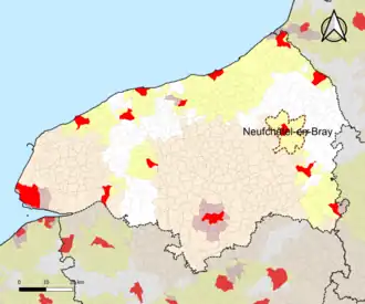Localisation de l'aire d'attraction de Neufchâtel-en-Bray dans le département de la Seine-Maritime.