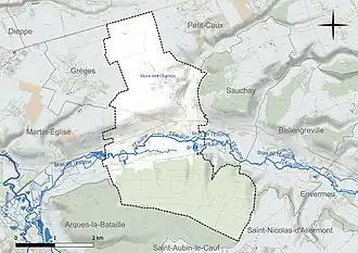 Carte en couleur présentant le réseau hydrographique de la commune