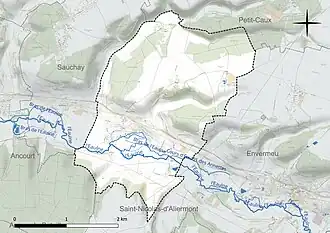 Carte en couleur présentant le réseau hydrographique de la commune