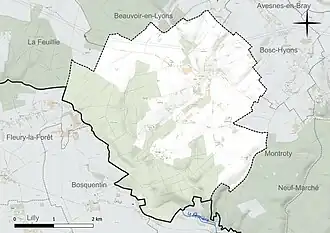 Carte en couleur présentant le réseau hydrographique de la commune