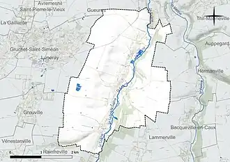 Carte en couleur présentant le réseau hydrographique de la commune