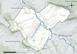Carte en couleur présentant le réseau hydrographique de la commune