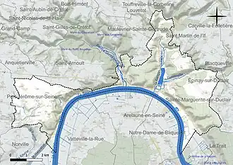 Carte en couleur présentant le réseau hydrographique de la commune