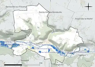Carte en couleur présentant le réseau hydrographique de la commune