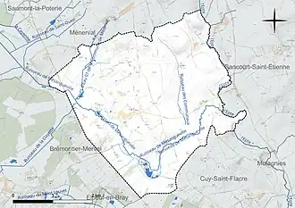 Carte en couleur présentant le réseau hydrographique de la commune