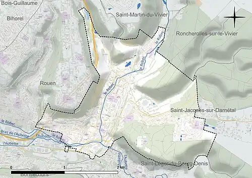 Carte en couleur présentant le réseau hydrographique de la commune