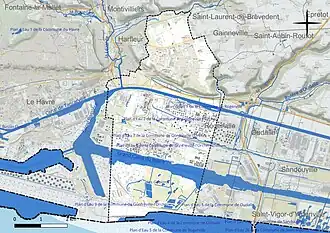 Carte en couleur présentant le réseau hydrographique de la commune