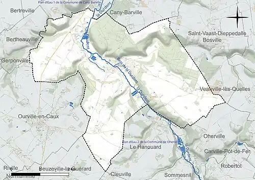 Carte en couleur présentant le réseau hydrographique de la commune