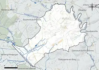 Carte en couleur présentant le réseau hydrographique de la commune