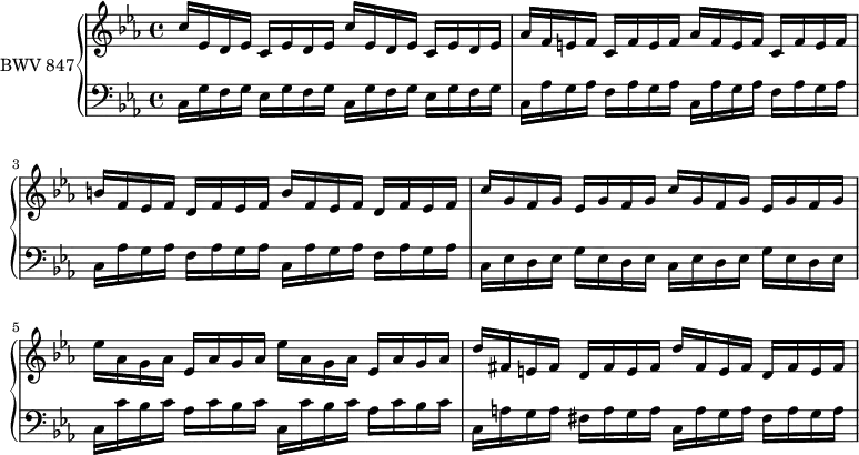 
\version "2.18.2"
\header {
  tagline = ##f
}

upper = \relative c'' {
    \clef treble 
    \key c \minor
    \time 4/4
    \tempo 4 = 84
    \set Staff.midiInstrument = #"harpsichord" 

   %% PRÉLUDE CBT I-2, BWV 847, ut mineur
   \repeat unfold 2 { c16 ees, d ees c ees d ees } 
   \repeat unfold 2 { aes16 f e f c f e f }
   \repeat unfold 2 { b16 f ees f d f ees f }
   \repeat unfold 2 { c'16 g f g ees g f g }
   \repeat unfold 2 { ees'16 aes, g aes ees aes g aes }
   \repeat unfold 2 { d16 fis, e fis d fis e fis }
   
}

lower = \relative c {
    \clef bass 
    \key c \minor
    \time 4/4
    \set Staff.midiInstrument = #"harpsichord" 

   \repeat unfold 2 { c16 g' f g ees g f g }
   \repeat unfold 4 { c,16 aes' g aes f aes g aes }
   \repeat unfold 2 { c,16 ees d ees g ees d ees }
   \repeat unfold 2 { c16 c' bes c aes c bes c }
   \repeat unfold 2 { c,16 a' g a fis a g a }

} 

\score {
  \new PianoStaff <<
    \set PianoStaff.instrumentName = #"BWV 847"
    \new Staff = "upper" \upper
    \new Staff = "lower" \lower
  >>
  \layout {
    \context {
      \Score
      \remove "Metronome_mark_engraver"
      %\override SpacingSpanner.common-shortest-duration = #(ly:make-moment 1/2) 
    }
  }
  \midi { }
}
