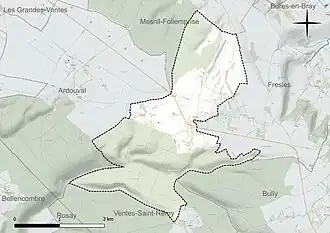 Carte en couleur présentant le réseau hydrographique de la commune