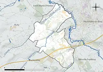 Carte en couleur présentant le réseau hydrographique de la commune