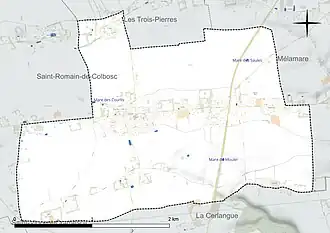 Carte en couleur présentant le réseau hydrographique de la commune
