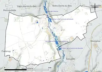 Carte en couleur présentant le réseau hydrographique de la commune