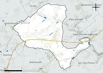 Carte en couleur présentant le réseau hydrographique de la commune