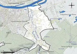 Carte en couleur présentant le réseau hydrographique de la commune