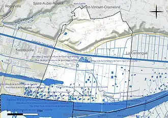 Carte en couleur présentant le réseau hydrographique de la commune