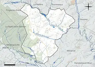Carte en couleur présentant le réseau hydrographique de la commune