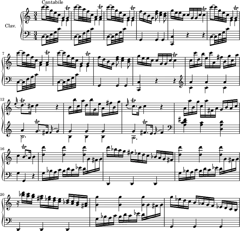 
\version "2.18.2"
\header {
  tagline = ##f
  % composer = "Domenico Scarlatti"
  % opus = "K. 132"
  % meter = "Cantabile"
}

%% les petites notes
trillG       = { \tag #'print { g4\trill } \tag #'midi { a32 g a g~ g8 } }
trillGResp   = { \tag #'print { g4\trill } \tag #'midi { a32 g a g~  \tempo 4 = 45 g8   \tempo 4 = 78 } }
trillA       = { \tag #'print { a4\trill } \tag #'midi { b32 a b a~ a8 } }
trillCResp   = { \tag #'print { c4\trill } \tag #'midi { d32 c d c~ \tempo 4 = 45  c8 \tempo 4 = 78  } }
trillC       = { \tag #'print { c4\trill } \tag #'midi { d32 c d c~ c8 } }
trillDqp     = { \tag #'print { d8.\trill } \tag #'midi { e32 d e d~ d16 } }
trillCqp     = { \tag #'print { c8.\trill } \tag #'midi { d32 c d c~ c16 } }
trillBqp     = { \tag #'print { b8.\trill } \tag #'midi { c32 b c b~ b16 } }
trillGqp     = { \tag #'print { g8.\trill } \tag #'midi { a32 g a g~ g16 } }
trillFisqp   = { \tag #'print { fis8.\trill } \tag #'midi { g32 fis g fis~ fis16 } }

upper = \relative c'' {
  \clef treble 
  \key c \major
  \time 3/4
  \tempo 4 = 78
  \set Staff.midiInstrument = #"harpsichord"
  \override TupletBracket.bracket-visibility = ##f

      s8*0^\markup{Cantabile}
      \repeat unfold 2 { c'8~ c32 g e c g4 \trillG | c'8~ c32 a f c a4 \trillA | c'8~ c32 g e c g4 \trillGResp | f'16 d b g  < d' f >8 < c e >4 < b d >8
      % ms. 5
      g'16 e e c  c g g c \trillCResp } | 
      % ms. 11
      c16 c' d, b' e, c' a, fis' b, g' c, a' | \appoggiatura e32 \trillDqp cis16 d4 r4 |
      % ms. 13
      b16 b' c, a' d, b' g, e' a, fis' b, g' | \appoggiatura d32 \trillCqp b16 c4 r4 | a16 a' b, g' c, a' fis, a g b a c | c4 \trillBqp a16 b4 |
      % ms. 17
      < d d' >4 q q | d'16 bes a g fis ees d c bes a g fis | < d' d' >4 q q |
      % ms. 20
      r16 < bes' d >16 < a c > < g bes >  < fis a > < ees g > < d fis > < c ees >  < bes d > < a c > < g bes > < fis a > | < g g' >4 q q | g'16 ees d c b aes g f ees d c b |

}

lower = \relative c' {
  \clef bass
  \key c \major
  \time 3/4
  \set Staff.midiInstrument = #"harpsichord"
  \override TupletBracket.bracket-visibility = ##f

    % ************************************** \appoggiatura a16  \repeat unfold 2 {  } \times 2/3 { }   \omit TupletNumber 
      \repeat unfold 2 { c,8~ c32 e g c \stemDown \change Staff = "upper"  e4 e \stemNeutral \change Staff = "lower"  |  c,8~ c32 f a c \stemDown \change Staff = "upper" f4 f  \stemNeutral \change Staff = "lower"   |  c,8~ c32 e g c \stemDown \change Staff = "upper"  e4 e \stemNeutral \change Staff = "lower" | g,,4 g g |
      % ms. 5
      < c, c' >4 r4 r4 } |   \clef treble 
      % ms. 11
      << { a'''4 a a | a \trillGqp fis16 \appoggiatura fis32 g4 } \\ { c,4 c c | b2. } >>
      % ms. 13
      << { g'4 g g | g \trillFisqp e16 \appoggiatura e32 fis4 } \\ { b,4 b b | a2. } >>   \clef bass < a c d fis >4 < a c > < d, a' d > | g g, r4 |
      % ms. 17
      \repeat unfold 2 { g'16 bes a c bes d c ees d \stemDown \change Staff = "upper" g fis g \stemNeutral \change Staff = "lower"  | d,,4 d d } | 
      % ms. 21
      g'16 bes a c bes d c ees d \stemDown \change Staff = "upper"  g fis g \stemNeutral \change Staff = "lower"  | g,,4 g g |

}

thePianoStaff = \new PianoStaff <<
    \set PianoStaff.instrumentName = #"Clav."
    \new Staff = "upper" \upper
    \new Staff = "lower" \lower
  >>

\score {
  \keepWithTag #'print \thePianoStaff
  \layout {
      #(layout-set-staff-size 17)
    \context {
      \Score
     \override SpacingSpanner.common-shortest-duration = #(ly:make-moment 1/2)
      \remove "Metronome_mark_engraver"
    }
  }
}

\score {
  \keepWithTag #'midi \thePianoStaff
  \midi { }
}
